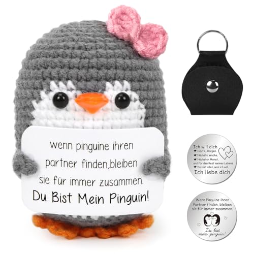 Mini Pinguin Ich Liebe Dich Geschenke, Jahrestag Geschenk für Frauen, Strickwolle Pinguinpuppe mit münzen karte, Rosa Pocket Hug Pinguin, Romantische Geschenk für Ehefrau Hochzeitstag Valentinstag von Epokus