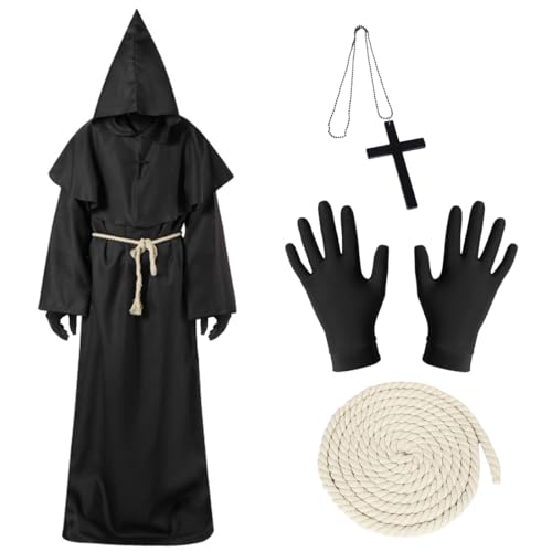 Mönch Robe, XXL-Größe Mittelalter Renaissance Robe, Herren Kapuze Mönch Kostüm, Priester Robe mit Kordel Handschuhe Kreuz, Schwarz Männer Prister Gewand Kostüm für Halloween Karneval Fasching Cosplay Mönch Robe, XXL-Größe Mittelalter Renaissance Robe, Herren Kapuze Mönch Kostüm, Priester Robe mit Kordel Handschuhe Kreuz, Schwarz Männer Prister Gewand Kostüm für Halloween Karneval Fasching Cosplay von Epokus