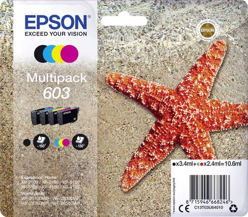 Epson Druckerpatrone T03U64, 603 Original Kombi-Pack Schwarz, Cyan, Magenta, Gelb C13T03U64010 von Epson