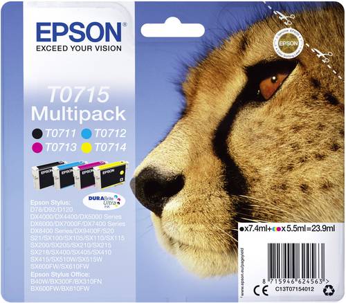 Epson Druckerpatrone T0715 Original Kombi-Pack Schwarz, Cyan, Magenta, Gelb C13T07154012 von Epson