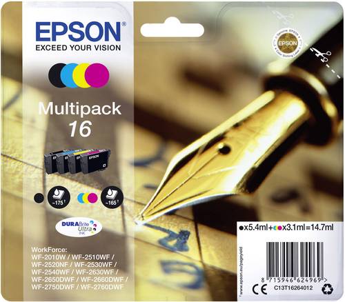 Epson Druckerpatrone T1626, 16 Original Kombi-Pack Schwarz, Cyan, Magenta, Gelb C13T16264012 von Epson