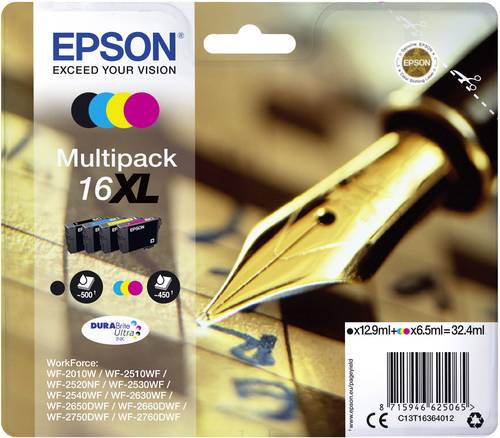 Epson Druckerpatrone T1636, 16XL Original Kombi-Pack Schwarz, Cyan, Magenta, Gelb C13T16364012 von Epson