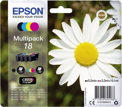 Epson Druckerpatrone T1806, 18 Original Kombi-Pack Schwarz, Cyan, Magenta, Gelb C13T18064012 von Epson
