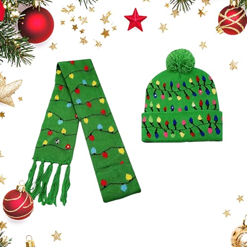 Epunk LED-Weihnachtsmütze und Schal für Kinder, leuchtendes Zubehör mit blinkenden Lichtern (grün/rot, weiches Acryl) (Grün, Einheitsgröße) von Epunk