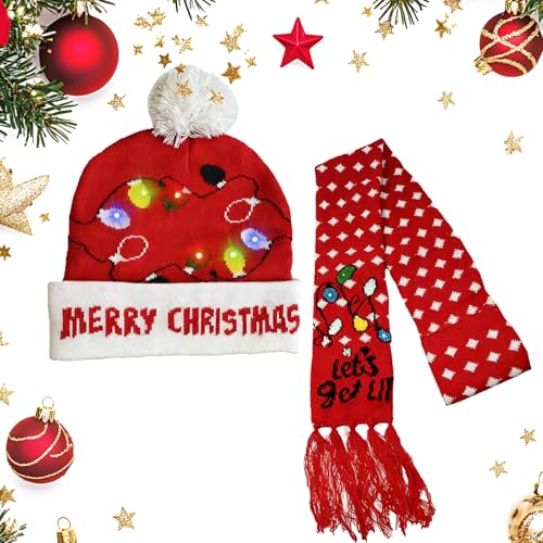 Epunk LED-Weihnachtsmütze und Schal für Kinder, leuchtendes Zubehör mit blinkenden Lichtern (grün/rot, weiches Acryl) (Rot, Einheitsgröße) von Epunk