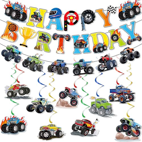 Geburtstagsbanner für Jungen, Monster-Truck-Thema, Renndekoration, Premium-Karton-Wimpelkette, spiralförmige Akzente, Kinder-Party-Set von Epunk