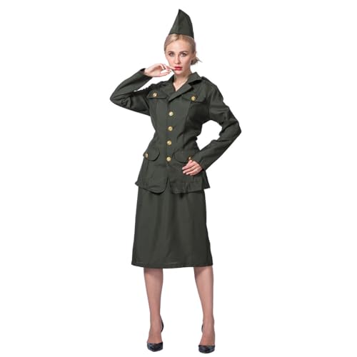 EraSpooky Damen-Kostüm aus dem 2. Weltkrieg, für Erwachsene, 1940er-Jahre-Militär-Soldat, Halloween-Uniform mit Jacke, Rock und Hut, Grün (Army Green), M von EraSpooky