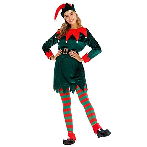 EraSpooky Damen Weihnachten Elfe Kostüm Faschingskostüme mit Hut Strumpf Überschuh Gürtel Cosplay Party Karneval Fastnacht Kleid für Erwachsene von EraSpooky