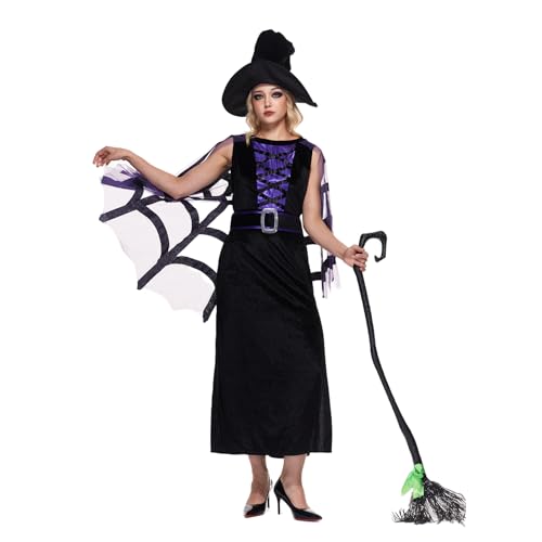 EraSpooky Elegantes Hexenkostüm für Damen Halloween Schwarzes Kleid mit Lila Schnürung Spinnennetz Cape und Hexenhut von EraSpooky