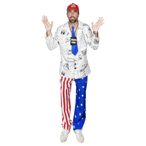 EraSpooky Herren Fake News Anchor Kostüm, Nachrichtenreporter, Journalisten-Outfits, patriotischer Anzug für Erwachsene mit Hut, Krawatte und Pressepass, Weiss/opulenter Garten, XL EraSpooky Herren Fake News Anchor Kostüm, Nachrichtenreporter, Journalisten-Outfits, patriotischer Anzug für Erwachsene mit Hut, Krawatte und Pressepass, Weiss/opulenter Garten, XL von EraSpooky