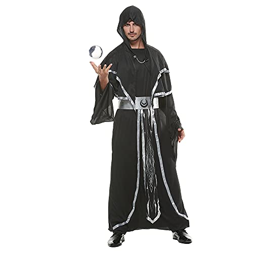EraSpooky Herren Hexenmeister Kostüm Mittelalter Mönch Dunkler Zauberer Kapuze Umhang Schwarz Silber XL von EraSpooky
