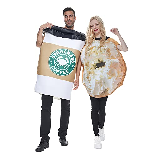 EraSpooky Kaffeetasse und Bagels Brot Kostüm Essen Trinken Anzug Halloween Party Erwachsene Paar Kostüm von EraSpooky