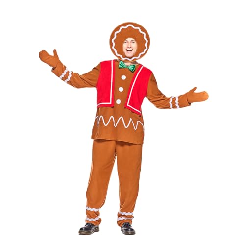 EraSpooky Lebkuchenmann Kostüm für Erwachsene Weihnachten Festliches Outfit mit Rotem Weste und Grünen Fliege von EraSpooky