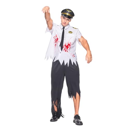 EraSpooky Zombie Pilotenkostüm für Herren Halloween Blutiges Flugkapitän Outfit mit Mütze und Krawatte von EraSpooky