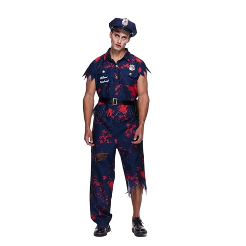 EraSpooky Zombie Polizeikostüm für Herren Halloween Blutiges Polizeiuniform mit Mütze und Gürtel von EraSpooky