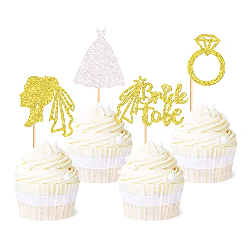 Ercadio 24 Pack Bride to Be Cupcake Toppers Gold Glitter Wedding Dress Ring Cupcake Picks Bride to Be Cake Toppers Wedding Engagement Bachelorette Bridal Shower Party Cake Decors Supplies von Ercadio