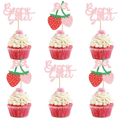 Ercadio 24 Stück Erdbeer-Cupcake-Aufsätze, Glitzer-Schleife, Geburtstags-Erdbeer-Kuchenspieße für Obst, Babyparty, Geburtstag, Beere, süße Cupcake-Dekorationen, Party-Dekor-Zubehör Ercadio 24 Stück Erdbeer-Cupcake-Aufsätze, Glitzer-Schleife, Geburtstags-Erdbeer-Kuchenspieße für Obst, Babyparty, Geburtstag, Beere, süße Cupcake-Dekorationen, Party-Dekor-Zubehör von Ercadio
