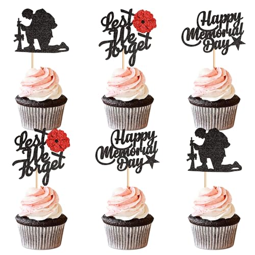 Ercadio Cupcake-Topper "Happy Memorial Day", schwarzer Glitzer, Militär-Soldaten-Thema, "Let's We Not Forget", Cupcake-Picks für Gedenktag, Männer, Geburtstag, Party, Kuchendekoration, Zubehör Ercadio Cupcake-Topper "Happy Memorial Day", schwarzer Glitzer, Militär-Soldaten-Thema, "Let's We Not Forget", Cupcake-Picks für Gedenktag, Männer, Geburtstag, Party, Kuchendekoration, Zubehör von Ercadio