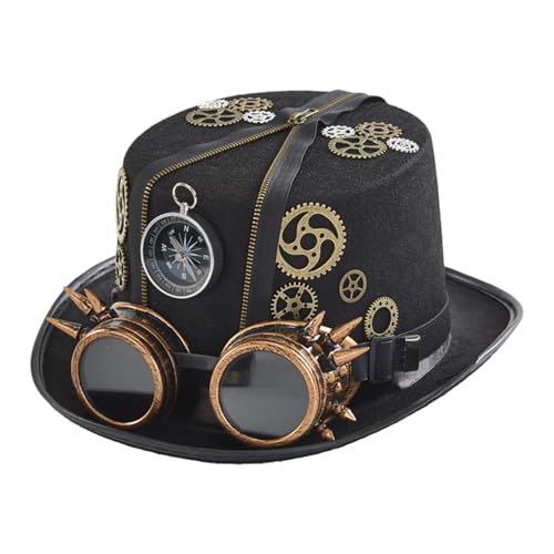 Erice Steampunk, Gothic Steampunk Top Hüte mit Goggle Gear Halloween, Steampunk Zubehör, Hut Kopfbedeckung Herren Damen (Schwarz) von Erice