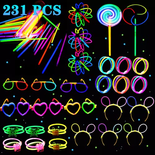 Knicklichter Party Set, Knicklichter, 100 Leuchtstäbe mit 131 Anschlüssen, Partylichter Schmetterlinge, Brillen,Windmühle, Lutscher， Ketten, Haarreifen, Leuchtball, Leuchtstäbe mit Verschiedenen von Erlliyeu