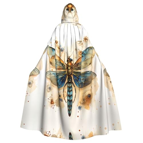 Erwqavc Kapuzenumhang, Cosplay-Umhang für Herren, Kostüm, Halloween, Motto-Party, lange goldene zarte Libelle auf gelbem Hintergrund, Druck, Umhang, Uniform von Erwqavc