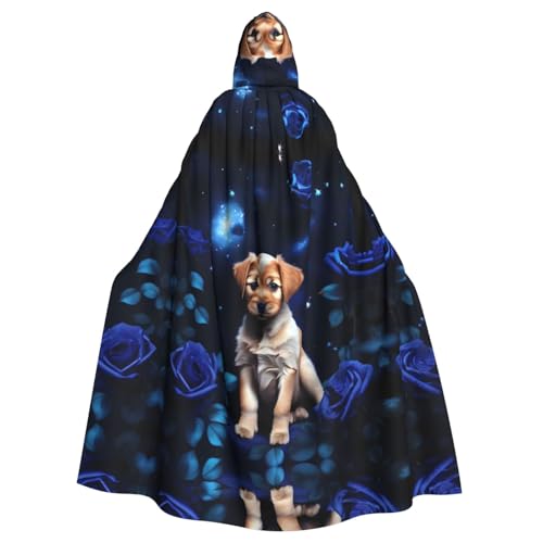 Erwqavc Kapuzenumhang für Herren, Cosplay, Kostüm, Halloween, Motto-Party, langer Welpe, blauer Rosen-Druck, Umhang, Uniform von Erwqavc