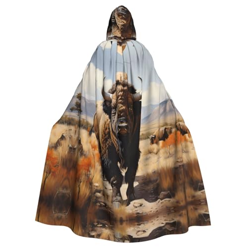 Erwqavc Kapuzenumhang für Herren, Cosplay, Kostüm, Halloween, Motto-Party, langer nordamerikanischer Bison-Herden-Druck, Umhang, Uniform von Erwqavc