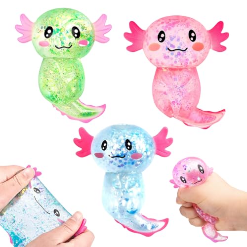 3 Stück Axolotl Spielzeug, Stress Relief Axolotl Spielzeug, Stressspielzeug Glitzer Axolotle Squeeze Toys, Stress Toy für Kinder und Erwachsene, Squeeze Ball für Party(Grün blau und Rosa) von Eryndis