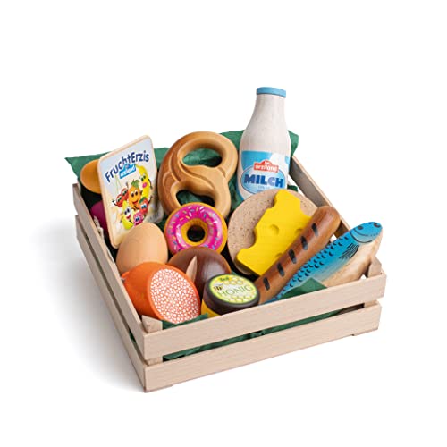 Erzi 28220 Sortiment Snacks XL aus Holz, Kaufladenartikel für Kinder, Rollenspiele von Erzi