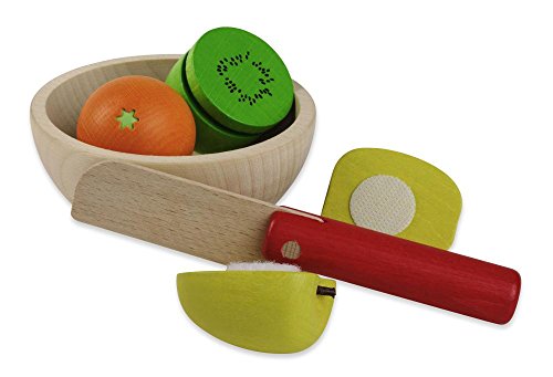 Erzi Obstsalat Holzspielzeug mit Schüssel aus Birke, sowie Messer, Apfel, Orange und Kiwi aus Buche mit Klett-Verbindung, Made in Germany von Erzi
