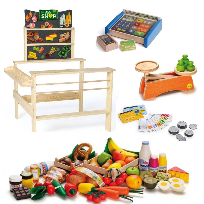 Holzspielzeug Kaufmannsladen Set mit 138 teiligem Zubehör, Erzi von Erzi