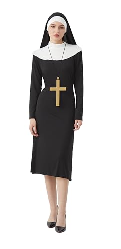 Esaleely Halloween Nonne Kostüm Frau Nonne Kostüm Kleid Set Erwachsene Nonne Outfit + Nonne Hut + Kreuz Anhänger für Cosplay Party (L) von Esaleely