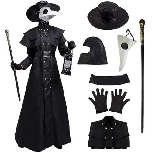 Esiaphia Pestdoktor-Kostüm Halloween 6-Tlg Renaissance Mittelalter Steampunk Mönch Priester Cosplay mit Maske, Hut, Robe, Stock (Black 1, M) von Esiaphia