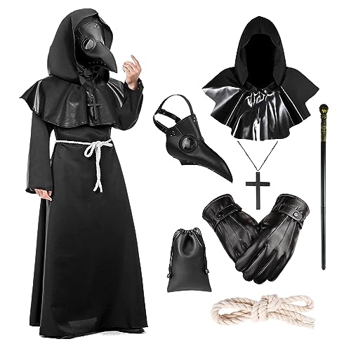 Esiaphia Pestdoktor-Kostüm Halloween 6-Tlg Renaissance Mittelalter Steampunk Mönch Priester Cosplay mit Maske, Hut, Robe, Stock (Black 2, M) von Esiaphia