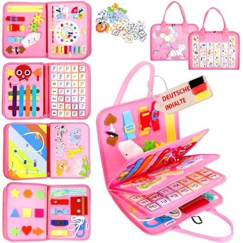 Esjay Busy Board Deutsch Montessori Spielzeug Kleinkinder, Activity Board Book Motorikspielzeug, Geschenk Mädchen, Baby Lernspielzeug Motorikbrett für Reise Auto Flugzeug, Deutsch Ros von Esjay