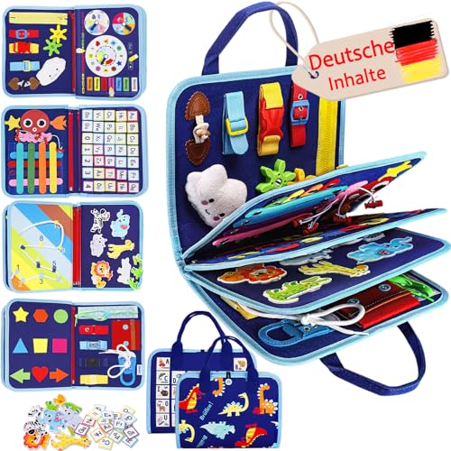 Esjay Busy Board Deutsch Montessori Spielzeug Kleinkinder, Activity Book Motorikspielzeug, Geschenk Junge Mädchen ab 3 Jahre, Lernspielzeug Motorikbrett Reise Auto Flugzeug, Deutsch Blau von Esjay