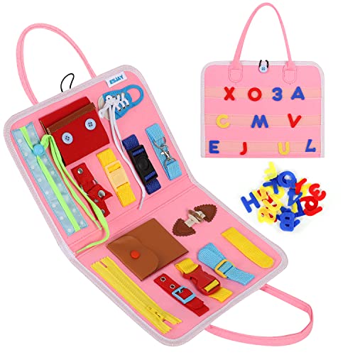 Esjay Busy Board für Kleinkinder, Montessori Spielzeug Geschenke für 1 2 3 4 jährige Mädchen, Activity Board mit Verschlüsse, Motorikbrett Baby Sensorik Spielzeug für Reisen Auto(Rosa) von Esjay