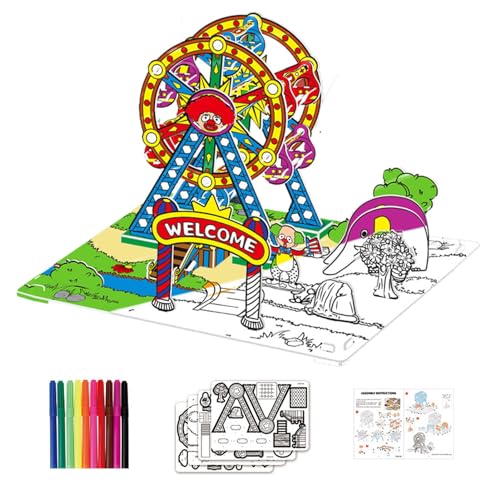 Esncddym 3D-Malpuzzle,3D-Puzzle für Kinder,Karton 3D Graffiti Puzzle Vergnügungspark-Thema - DIY-Kunstbedarf, innovatives interaktives Frühentwicklungsspielzeug für Jungen, Mädchen, Kinder im Alter von Esncddym