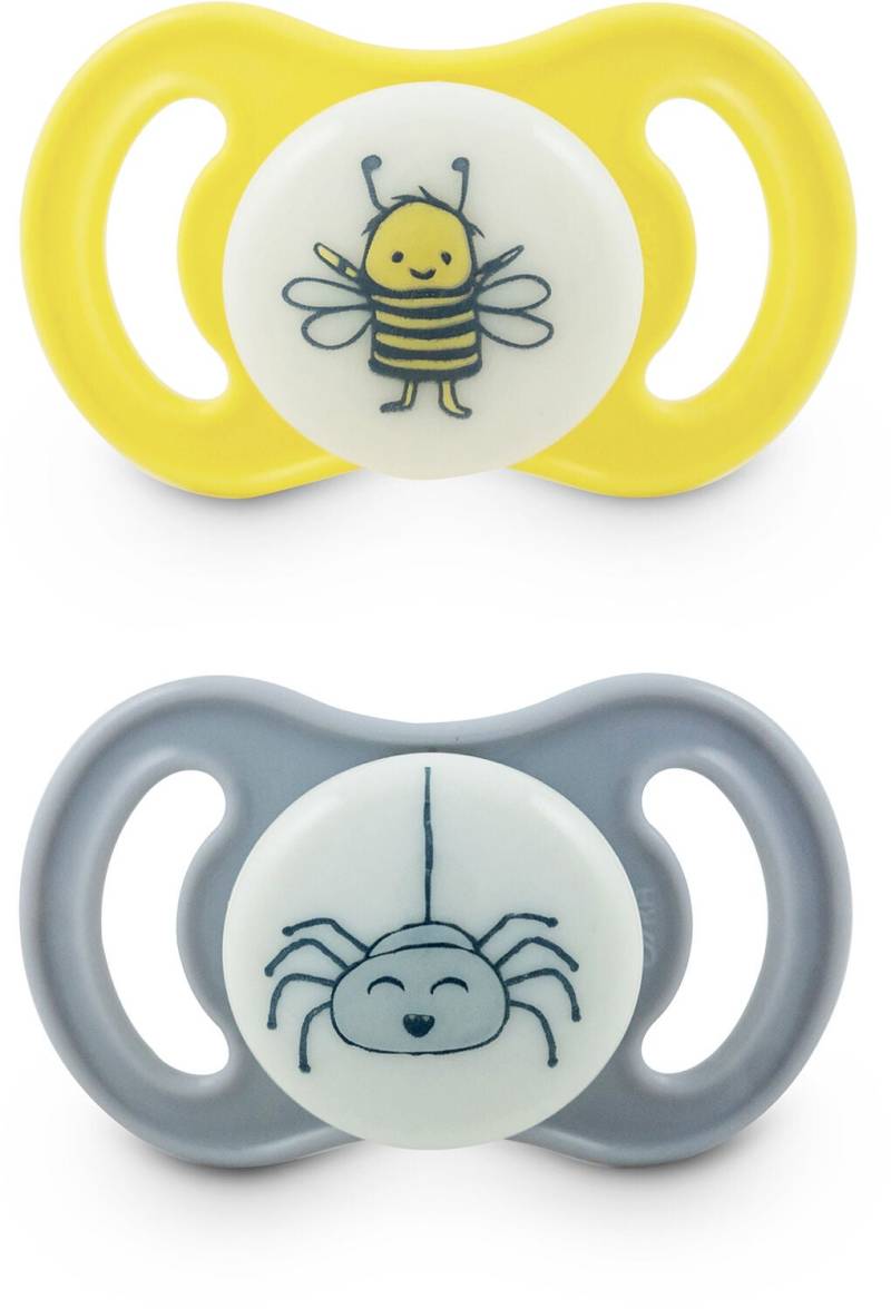 Esska Happy Mini Glow Biene/Spinne Silikon Schnuller 2er-Pack 0-6 m, Gelb/Grau von Esska
