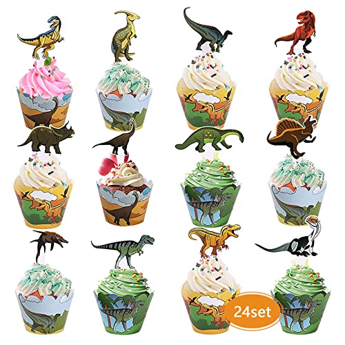 Dino Muffins Deko,48-Set Dinosaurier Cupcake Toppers und Dinosaurier Cupcake Wrappers,Cupcake Toppers Wrappers,Dino Cake Topper,Dinosaurier Kuchen Dekoration für Kinder Party Geburtstag Jungen Mädchen von Esteopt