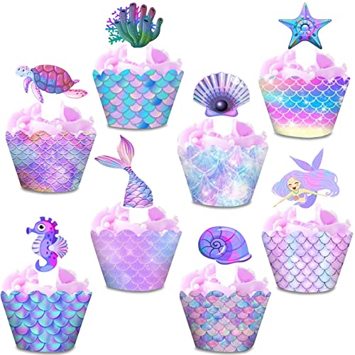 Esteopt Meerjungfrau Tortendeko, 48 Stück Kuchen Deko Kinder Frauen Geburtstags Deko, für Cupcake Toppers Wrappers Meerjungfrau Thema Party Dekoration von Esteopt