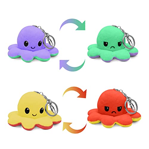 Esteopt 2 Stück Octopus Plüschtier Schlüsselanhänger,Wende Oktopus Schlüsselanhänger,Stimmungs Octopus Kuscheltier Schlüsselanhänger Plüsch für Kinder Mädchen und Jungen Geschenke,Vier Farben von Esteopt