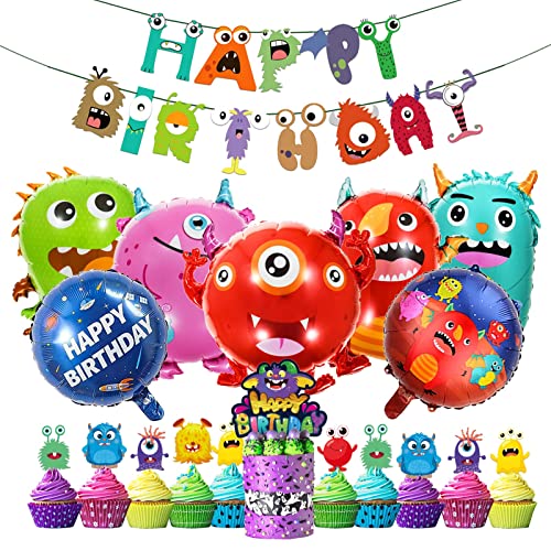 Monster Party Luftballons Deko,Geburtstags Dekoration Monster Luftballons,mit Monster Alles Gute zum Geburtstag Banner,Monster Kuchendeckel,Folienballons Geburtstag für Kinder Geburtstags Dekoration von Esteopt