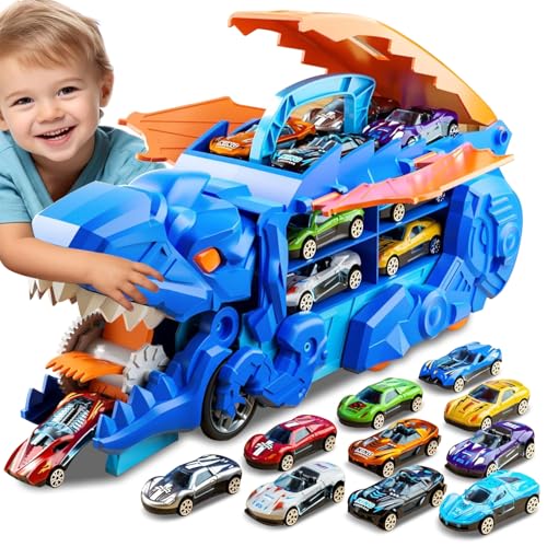 Esteopt Transport Truck Spielzeug Autos für Jungen Alter 3 4 5 6 7, tragbare Dinosaurier Rennstrecke Truck mit 12 Dinosaurier Set Geschenkbox (Blau) von Esteopt