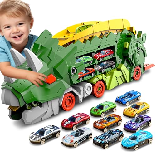 Esteopt Transport Truck Spielzeug Autos für Jungen Alter 3 4 5 6 7, tragbare Dinosaurier Rennstrecke Truck mit 12 Dinosaurier Set Geschenkbox (Grün) von Esteopt