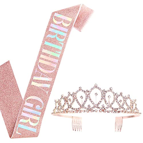 Estink Exquisite Verarbeitung Geburtstag Tiara Sash Leichtes Gewicht Langlebiger Kronen -Set für Geburtstagsfeier, Praktisches für Angehörige (Roségold) von Estink