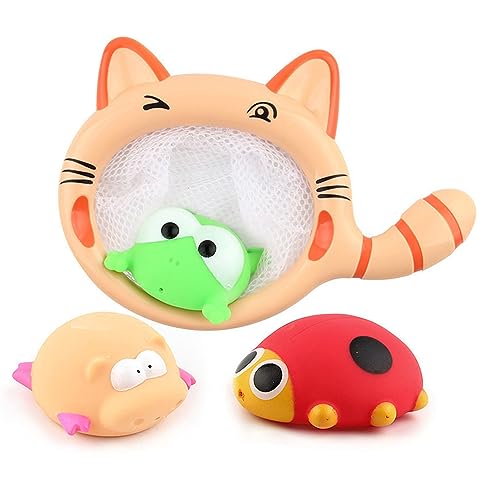 Estink Lustiges Tierisches Badewannenspielzeug mit Squeeze -Spray -Funktion für Säuglingsbabykinder Farberkennung Abs Material (Katzenfischereinetz mit 3 Tier) von Estink