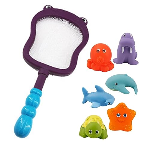 Estink Lustiges Tierisches Badewannenspielzeug mit Squeeze -Spray -Funktion für Säuglingsbabykinder Farberkennung Abs Material (Nilpferdeifischernetz mit 6 Tier) von Estink