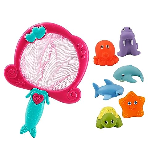 Estink Lustiges Tierisches Badewannenspielzeug mit Squeeze -Spray -Funktion für Säuglingsbabykinder Farberkennung Abs Material (Rotes Angelnetz mit 6 Tier) von Estink