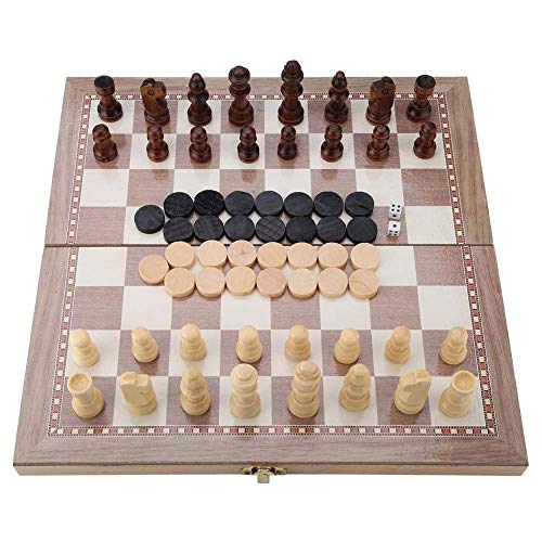 Klappbar Schachbrett, 3-in-1-Schach aus Holz, das Schach, Dame und Backgammon kombiniert, Reiseschach, für Kinder und Erwachsene von Estink